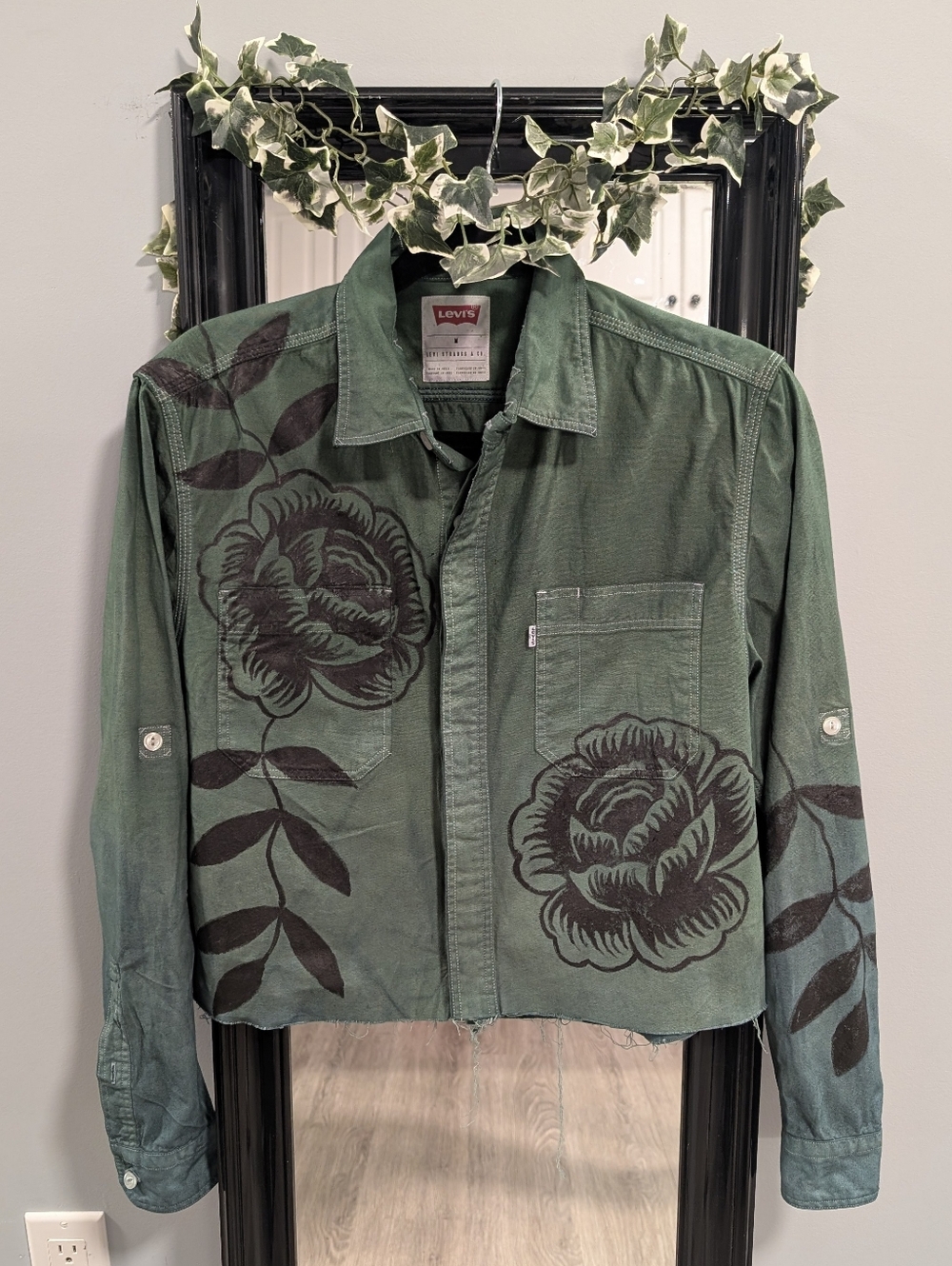 Levi's Olive Green Floral Hand-painted Shirt Jacket